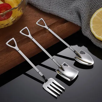 삽모양 스텐 스푼, 삼각삽, 2개 + 사각삽, 2개 + 포크, 2개, 6개