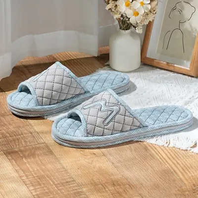 3중쿠션 패브릭 거실슬리퍼, 체크 스카이블루, 남성용, 1켤레