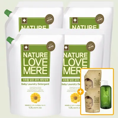 네이쳐러브메레 아기 세탁세제, 국화향, 리필 1300ml, 4팩 + 세제리필 500ml, 2팩 + 식기세정제 액상형 용기 750ml, 1개