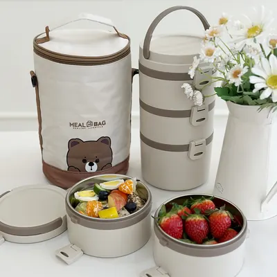 클레비 원형 스텐 보온 도시락, 3단, 2400ml, 1개