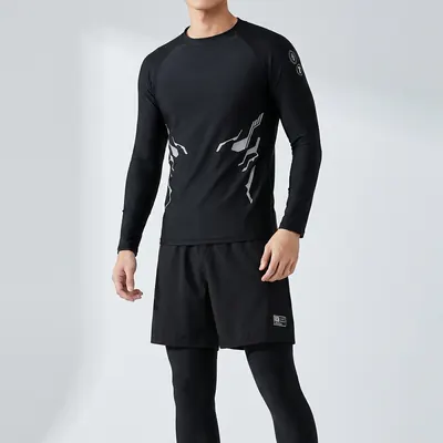 남자 빅사이즈 래쉬가드 상의 하의 세트, 긴팔상의, 블랙, 4XL