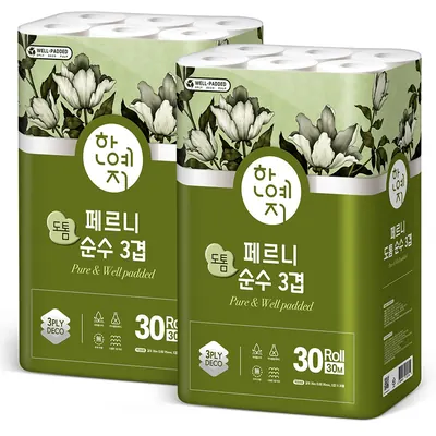 한예지 페르니 도톰 순수 3겹 화장지, 30m, 30롤입, 2개