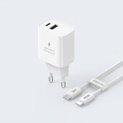 모노블 25W 2포트 초고속 가정용 충전기 + 45W 2m C to C 케이블 세트, 화이트, 2개