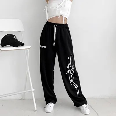 루트엑스 MIYAGE 레터링 루즈핏 댄스 바지, 블랙, M