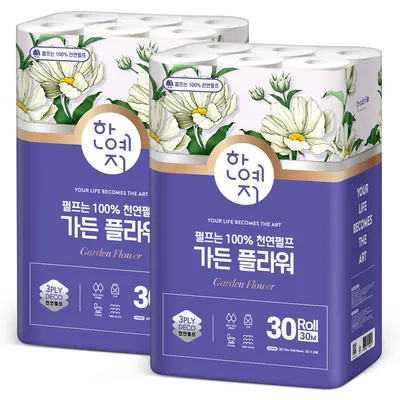 한예지 가든 플라워 3겹 천연펄프 화장지, 30m, 30롤, 2팩