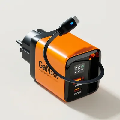 에센스웨어 GaN PD PPS 65W 2포트 릴케이블 일체형 접지 LCD 초고속 멀티 충전기, 오렌지, 1개