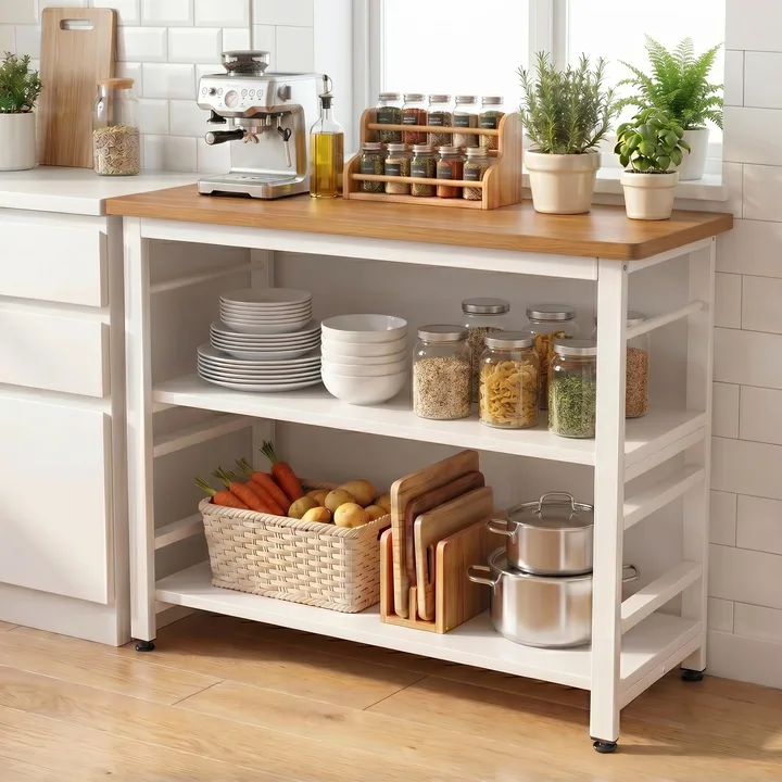 HOMEY NEST 철제 3단 수납장 최대 하중 350kg 거실 주방 다용도 조리대 겸용 보조 테이블 HZMBTC02, 화이트
