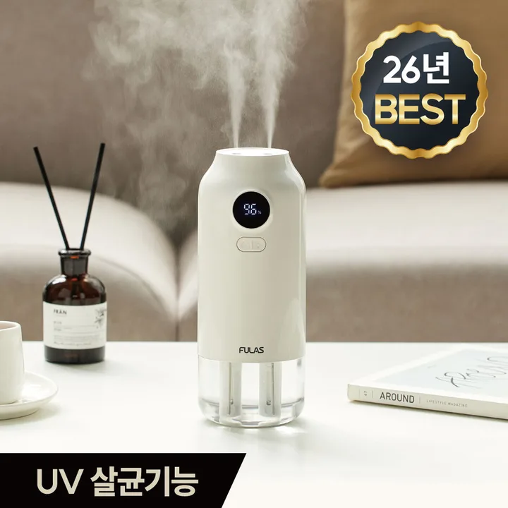 [26년 신제품] 풀라스 UV 살균 초음파 대용량 무선 미니 가습기 가정용 탁상용 휴대용 원룸 책상 사무실 소형 무소음 무드등 캠핑 텐트 차량용 통세척 room humidifier, 화이트