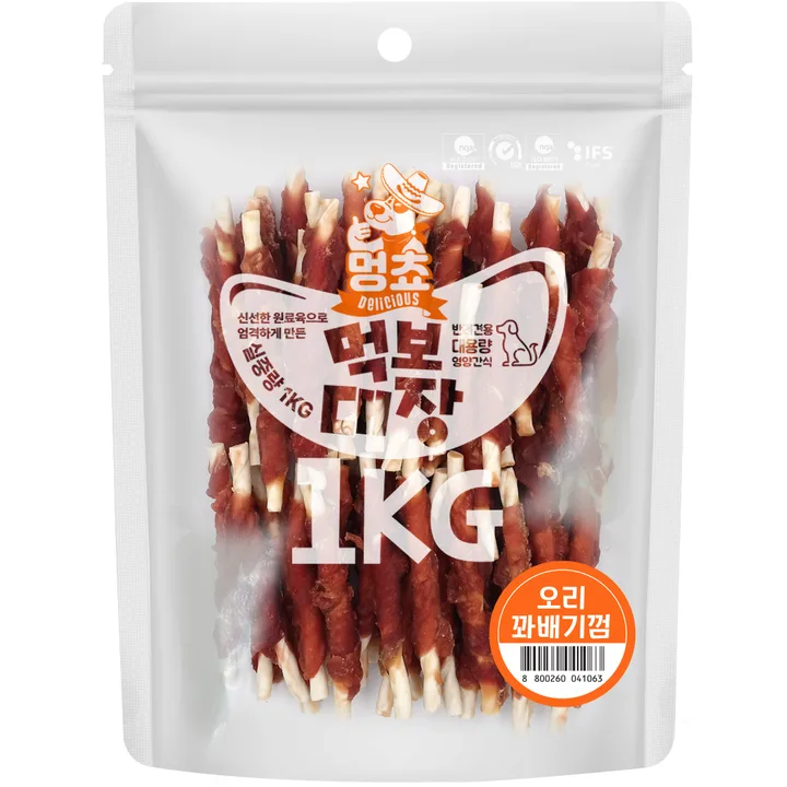멍쵸 먹보대장, 대용량 강아지간식, 1kg, 1개, 오리꽈배기껌