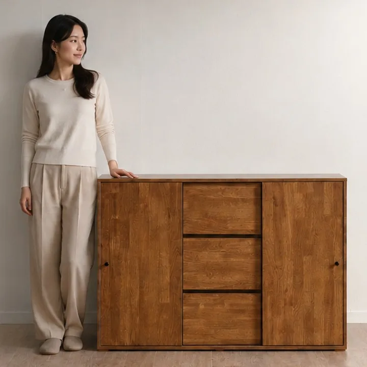 브루노 솔드 2단 E0 미닫이 슬라이드 수납장 1200 서랍장 수납장, 월넛