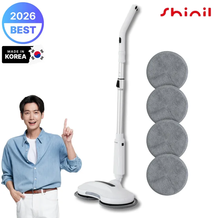 [26년최신형 국내생산]신일 LED 무선 파워스핀 물걸레 청소기 화이트 /극세사패드 4P증정