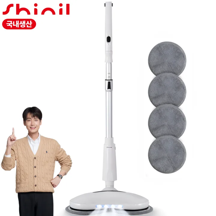 신일 듀얼 무선 물걸레 청소기/극세사 패드 4P 증정/LED 라이팅/배터리 잔량표시, 화이트